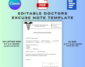 Editable Doctor’s Excuse Note Template | Printable Doctor’s Note | Work - School Excuse Letter |  PDF - Word | Doctor’s Note with Signature