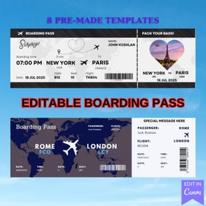 Billet de voyage avec carte d'embarquement modifiable | Billet d'avion personnalisé | Carte d'embarquement imprimable | Billet d'embarquement à faire soi-même | Modèle de toile