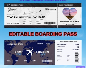 May include: Editable boarding pass template featuring a world map background. The template includes fields for passenger name, flight number, date, time, gate, and seat. The text "Surprise!" is written in a playful font at the top of the boarding pass.