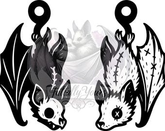 Hanging Bat Earring Design | SVG Laser Engraving File – Creepy Cute Skeleton & Stitched Style