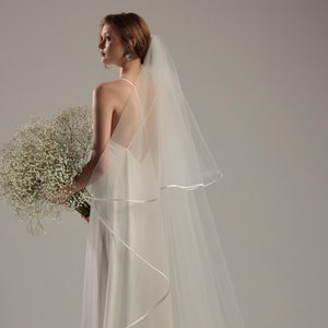 Two-Tier Satin Ribbon Veil | Double Layer Wedding Veil with Smooth Satin Trim | Bridal Veil with Satin Finish