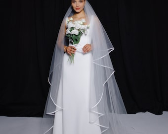 Satin Ribbon Edge Bridal Veil Wedding white, ivory Ribbon Wedding veil bridal Veil Fingertip Cathedral Chapel Waltz length veil bridal veil