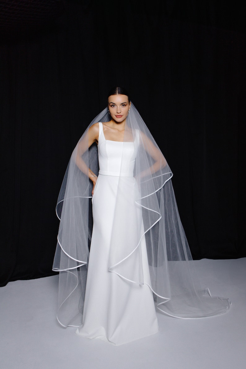 Ribbon Edge Knee Length Veil Narrow Ribbon Edge Illusion 2 Tier Waltz Knee Length Veil  main image 3