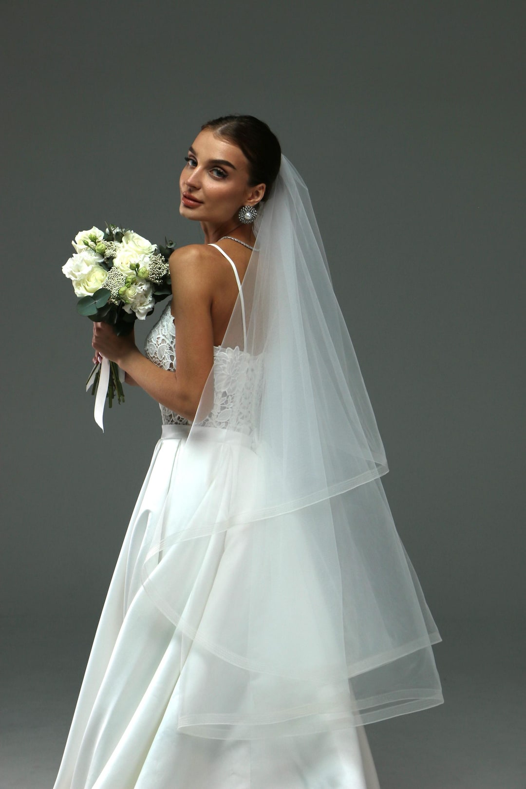 Two-Tier Wedding Veil with Blusher and 1-Inch Horsehair Trim Two-tier Wedding Veil With Blusher and 1-inch Horsehair Trim  main image 2