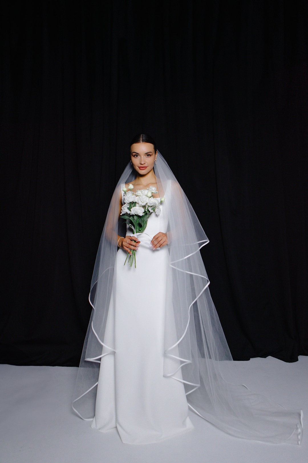 Satin Ribbon Edge Bridal Veil Wedding White, Ivory Ribbon  display picture 2