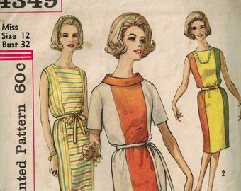 Simplicity 4349 Size 12 Bust 32" One piece dress 1960s fashion Sewing pattern Colorblocked