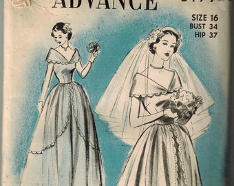 Advance 5177 Late 1940s Wedding gown with overskirt Bust 34" Size 16 Uncut