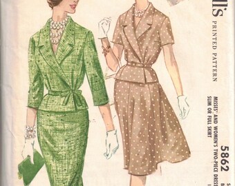 McCall's 5862 Bust 16 Bust 36"  Two-Piece Dress Pattern 1961 Outfit UNCUT