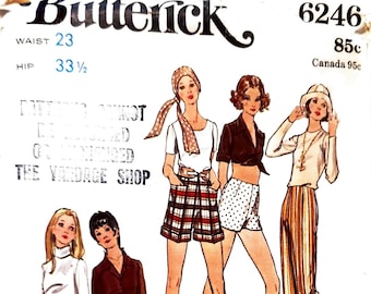 Butterick 6246 Wide Leg Flares Gaucho Pants Knickers Short Shorts Sewing Pattern Waist 23", Hips 33.5" UNCUT 1970s Style