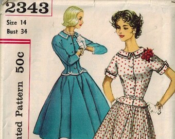 Simplicity 2343 Size 12 Bust 34" Two piece Dress with Two Skirts Pleated Full Skirt Fitted Top 1950s Sewing Pattern Mrs Maisel Era