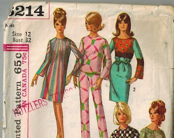 Simplicity 6214 Bust 32" Size 12 mid 1960s dress slim pants tunic UNCUT