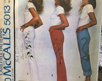 Charlie’s Angels Eras Pants Sewing Pattern McCall’s 5013 Size 14 Waist 28” Cigarette Pants with Blue Transfer for Appliqués and Embroidery