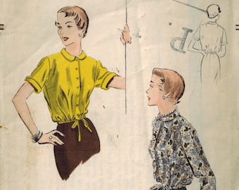 Blusa Vogue 7019 de los años 50, busto de 32 pulgadas, fácil de hacer, mangas cortas y largas, botones en el frente, cuello redondeado