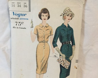 Vogue 9845 One Piece Dress Sewing Pattern Size 14 Bust 34", Hips 36" Circa 1959 all pieces present