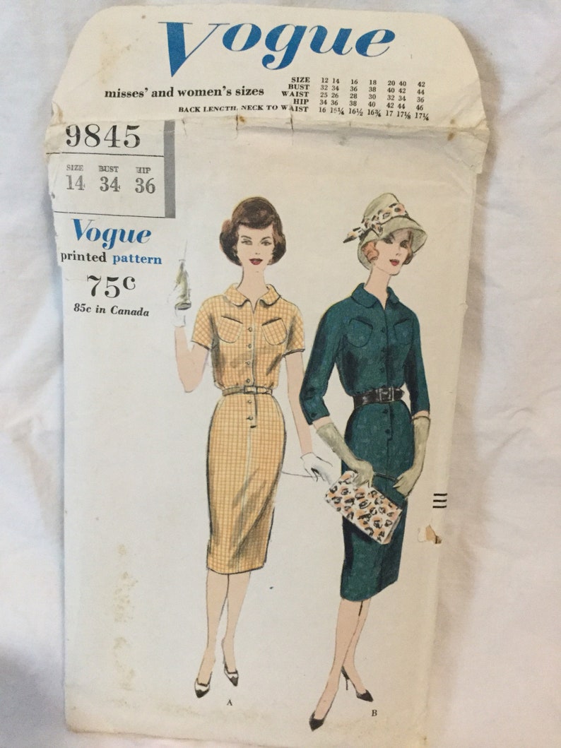 Vogue 9845 One Piece Dress Sewing Pattern Size 14 Bust 34, Hips 36 Circa 1959 all pieces present image 1