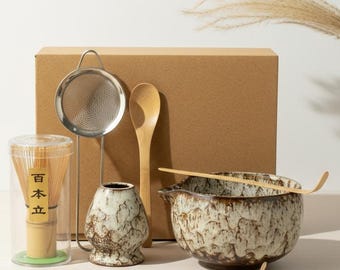 Handmade Ceramic Matcha Tea Set | Traditional Japanese Ceremony Kit: Bowl, Bamboo Whisk, Spoon & Sieve | Tea Lover Gifts