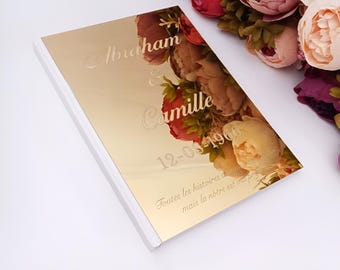 Personalized Acrylic Mirror Wedding Guest Book Handmade 10×7″ Gold & Silver Signing Book