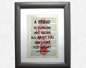 Friend print on a book page, A friend is someone who knows all about you and loves you anyway, friend gift, best friends