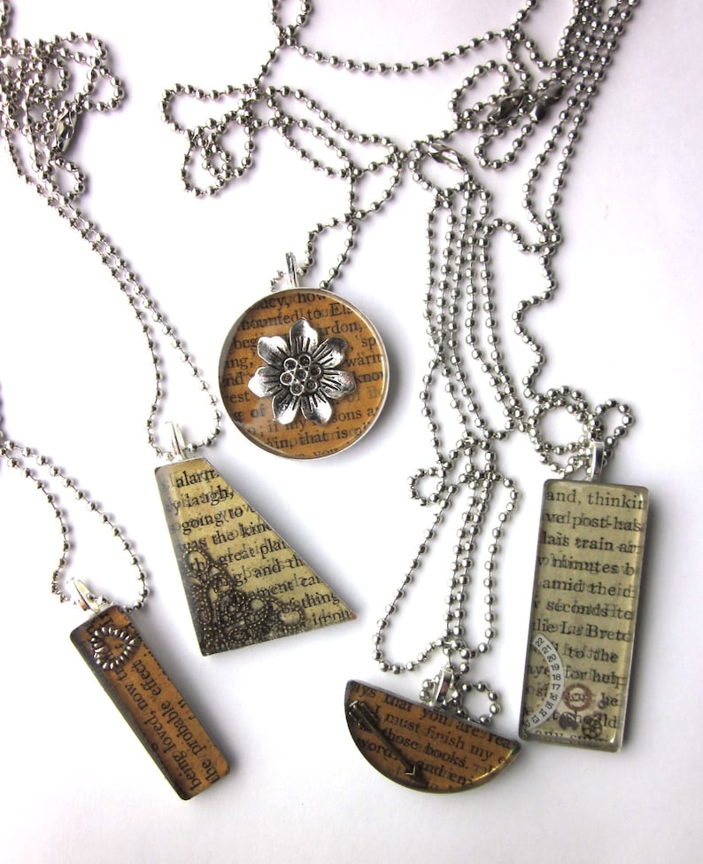 Book Page Resin Pendant Necklace With Silver Feather Charm Etsy Ireland