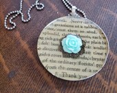 Book page resin bezel necklace, round flower with antique page