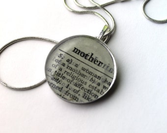 Mother book page resin bezel necklace, literary jewelry, recycled jewelry