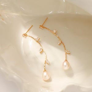 Pearl Drop Earrings: Gold Leaf, Freshwater Pearl Wedding Jewelry