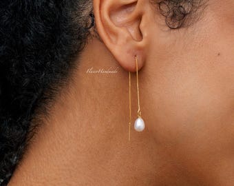 Pendientes de perlas naturales de agua dulce, delicados pendientes largos de cadena, pendientes para el día a día, joyas de novia, regalo de San Valentín.