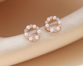 Pave Circle with Natural Pearls Diamond Stud Earrings in Sterling Silver, CZ Diamond Pearl Pave, Genuine Freshwater Pearls, Bridesmaids Gift