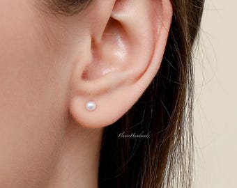 Sterling Silver Freshwater Pearl Stud Earrings: Dainty Stacking Jewelry