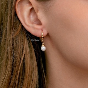 Natural Freshwater Pearl Drop Hoop Earrings, Gold Plated Pearl Huggie Earrings, Wedding Bridal Jewellery, Bridesmaids Gift, Gift for Her