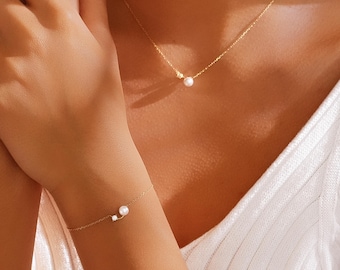 Parure de bijoux en argent sterling avec perles, collier avec une seule perle et diamants, bracelet de perles fines, parure assortie en or ou en argent, cadeau de demoiselle d'honneur