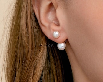 Pendientes de perla delicada con forma de chaqueta, pendientes de perla de agua dulce delanteros y traseros, pendientes de aro, joyería minimalista de perla, regalo elegante para ella