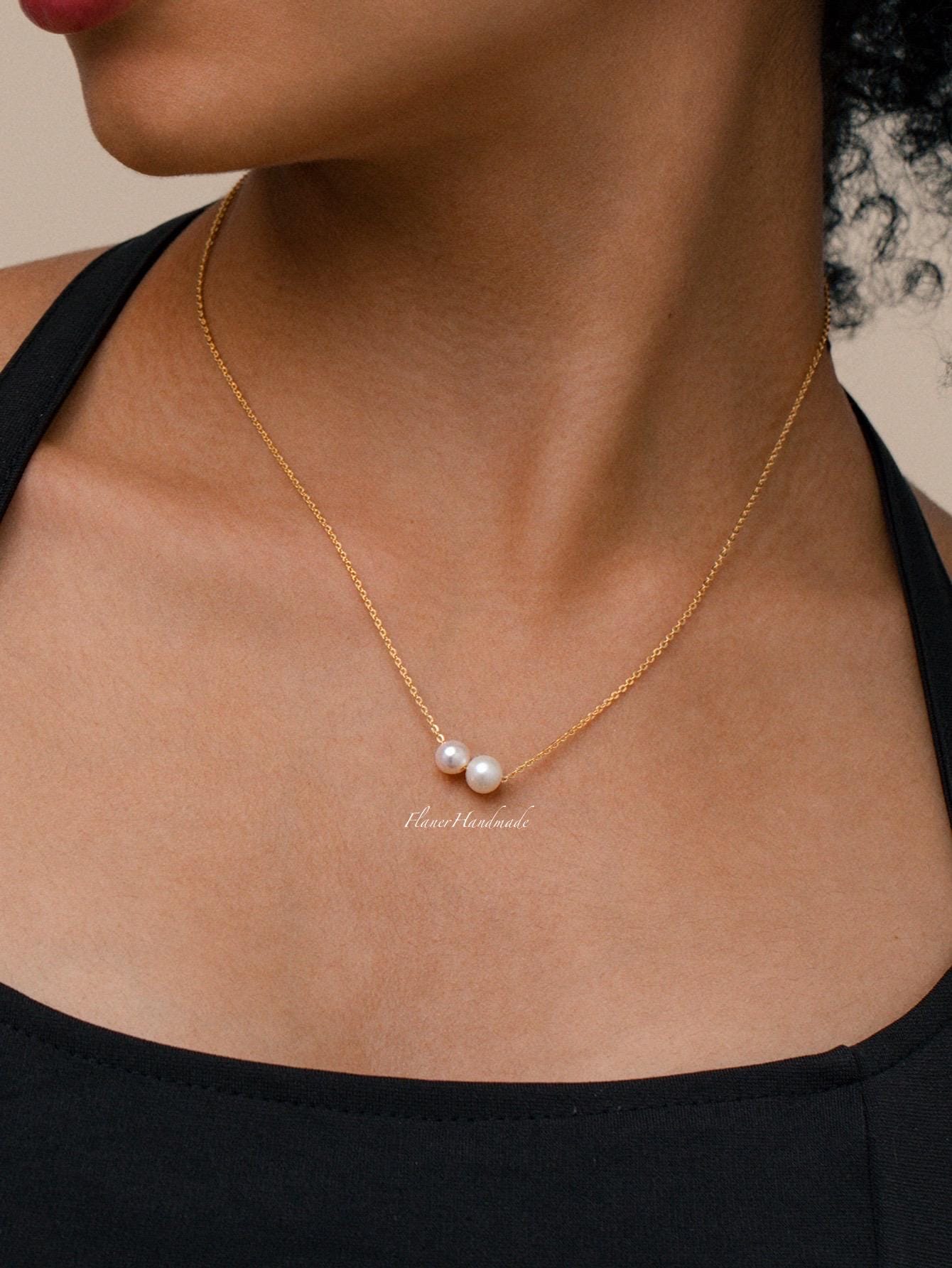 Minimalist Two Pearls Necklace, Dainty Freshwater Pearl