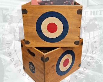 Mod Vinyl Record Storage Box Handmade Solid Wood Crate In Fabulous Retro Design 60 to 80 vinyls