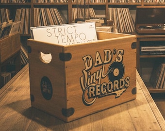 Dad's Vinyl Record Storage Box | Vintage Style Solid Wood Crate | Handmade LP Album Holder | Retro Music Gift