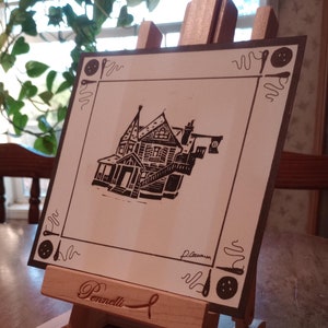 Coraline Pink Palace 7&quot;x7&quot; Original Handmade Linocut Print