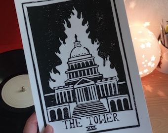 The Tower Tarot Card 7" x 10" Original Handmade Linocut Print