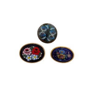 Vintage Floral Brooch Set Gold Blue Pink Micro Mosaic & Hand Painted Signed
