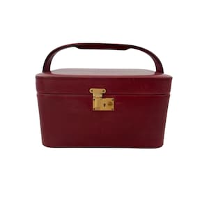 Vintage Red Leather Vanity Case With Gold-Tone Locking Clasp Handle And Beige Interior