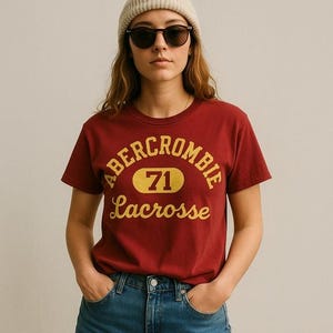 May include: A maroon Abercrombie t-shirt with a yellow oval containing the number 71. The shirt also features the word "Lacrosse" in yellow script. The person is wearing a beige beanie and sunglasses.
