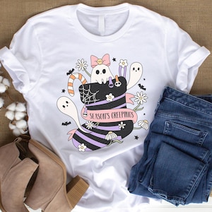 Słodka koszulka na Halloween, koszulka z grafiką na sezon jesienny, koszulka z krótkim rękawem Trick Treat, unisexowa koszulka Ghost Stocking Candy Top, bawełna Seasons Creepings