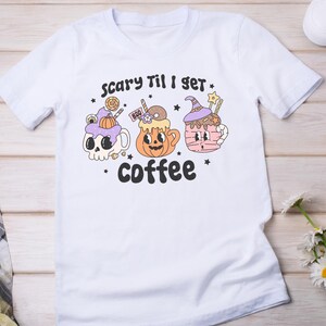 Cute Halloween Tshirt, Fall Season Graphic Tee, Short Sleeve Trick Treat T-shirt, Unisex Pumpkin Fall Top, Scary Until Coffee Cotton Shirt