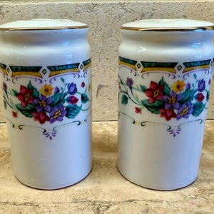 Vintage Salt and Pepper Shakers Set with Floral Print and Gold Trim