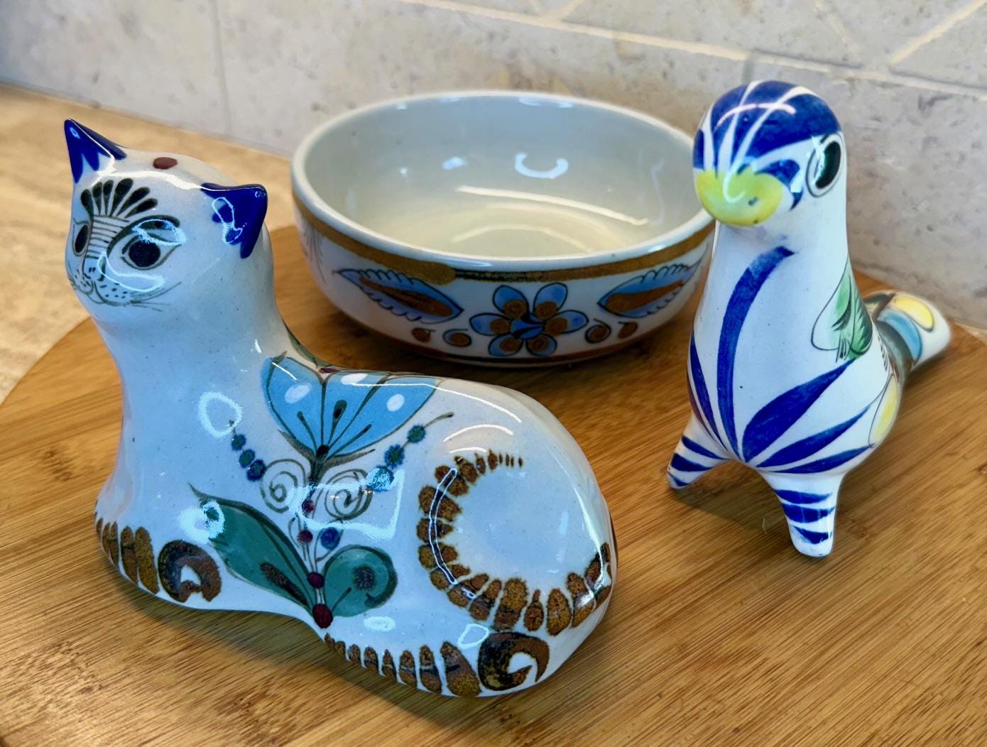 Vintage Ken Edwards Mexican Pottery Set: Cat, Bird & El Palomar