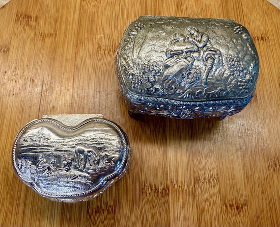 Vintage Footed Jewelry/Trinket Box Set - Silver-Plated and Tin Alloy Elegance