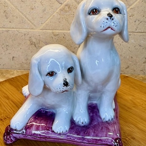 Vintage Italian Majolica Spaniel Dog Figurine | Mid-Century Hollywood Regency Ceramic | Hand-Painted | Made in Italy