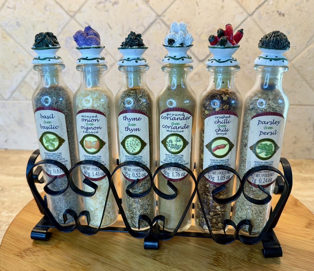 Decorative Wrought Iron Spice Rack Set – 7 Glass Bottles – Vintage ...
