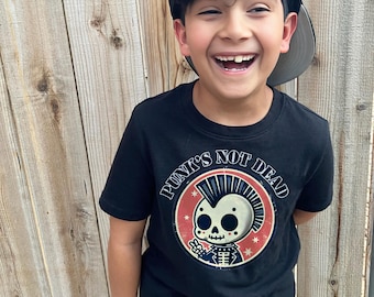 Punk Skeleton Vintage Youth Tee, Rockabilly Graphic Tee, Retro Punk Shirt, Kids Skeleton T-Shirt, Music Fan Gift, Punk's Not Dead Shirt