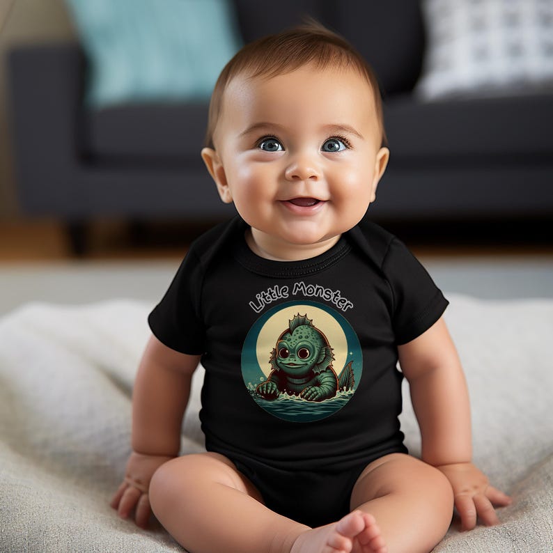 Op de afbeelding: Een baby die een zwart rompertje draagt met een afbeelding van een groen monster in een cirkel met de tekst "Little Monster" boven de afbeelding.