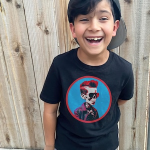 T-shirt enfant rockabilly, t-shirt enfant squelette alternatif, chemise enfant punk rock, vêtements rockabilly, mode rockabilly, pop art vintage